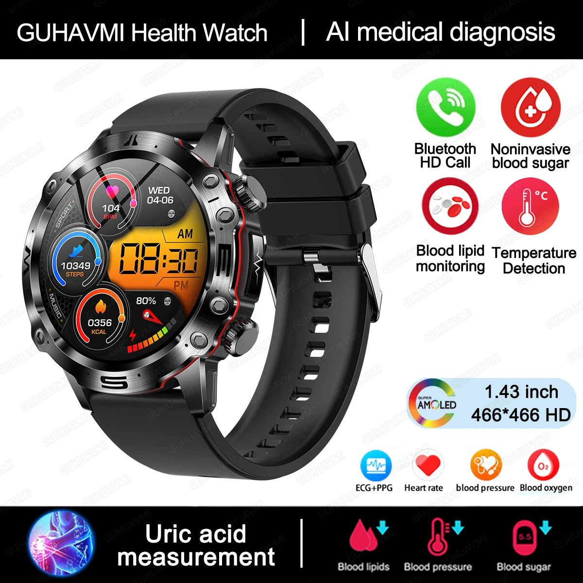 Smartwatch Health: ECG+PPG, Uric Acid, Glucose, Lipids Monitoring, Sports & Bluetooth Calls.