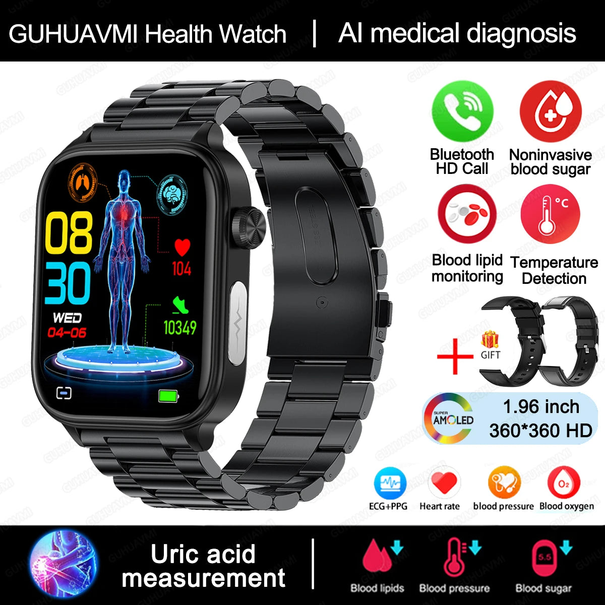 AI Health Smartwatch 2024: ECG+PPG, Medical Diagnosis, Uric Acid, Glucose, Lipids, Bluetooth Calls.