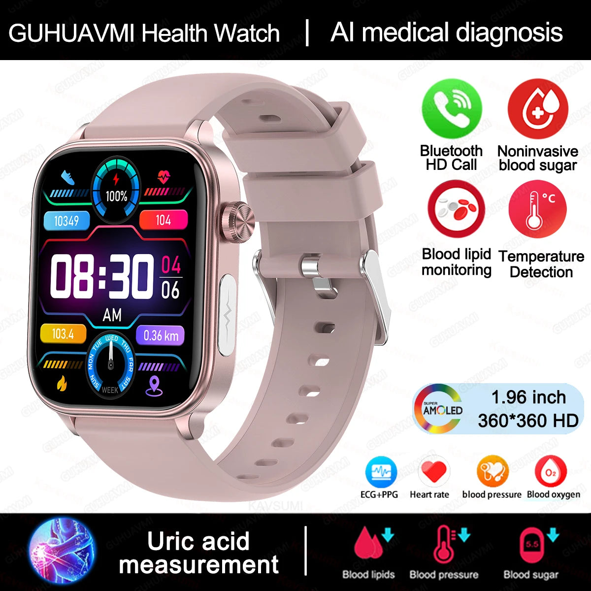 AI Health Smartwatch 2024: ECG+PPG, Medical Diagnosis, Uric Acid, Glucose, Lipids, Bluetooth Calls.