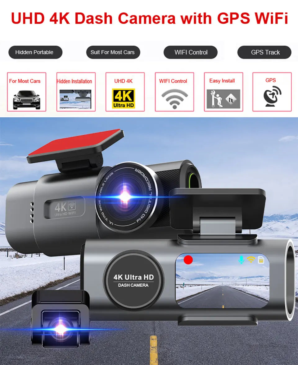 4K UHD Dual Lens Dash Cam – Night Vision Car DVR with Wi-Fi, GPS, and 24H Parking Surveillance