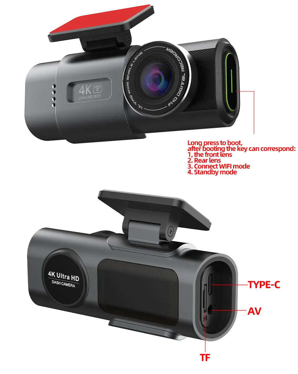 4K UHD Dual Lens Dash Cam – Night Vision Car DVR with Wi-Fi, GPS, and 24H Parking Surveillance