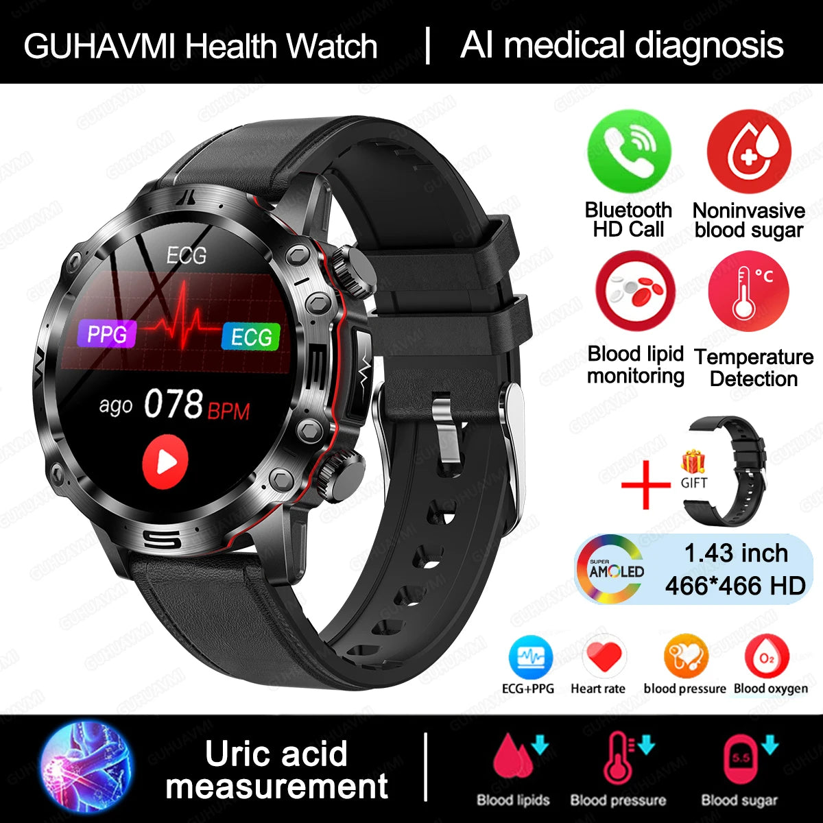 Smartwatch Health: ECG+PPG, Uric Acid, Glucose, Lipids Monitoring, Sports & Bluetooth Calls.