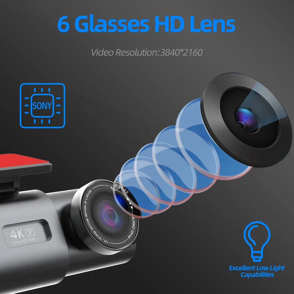 4K UHD Dual Lens Dash Cam – Night Vision Car DVR with Wi-Fi, GPS, and 24H Parking Surveillance