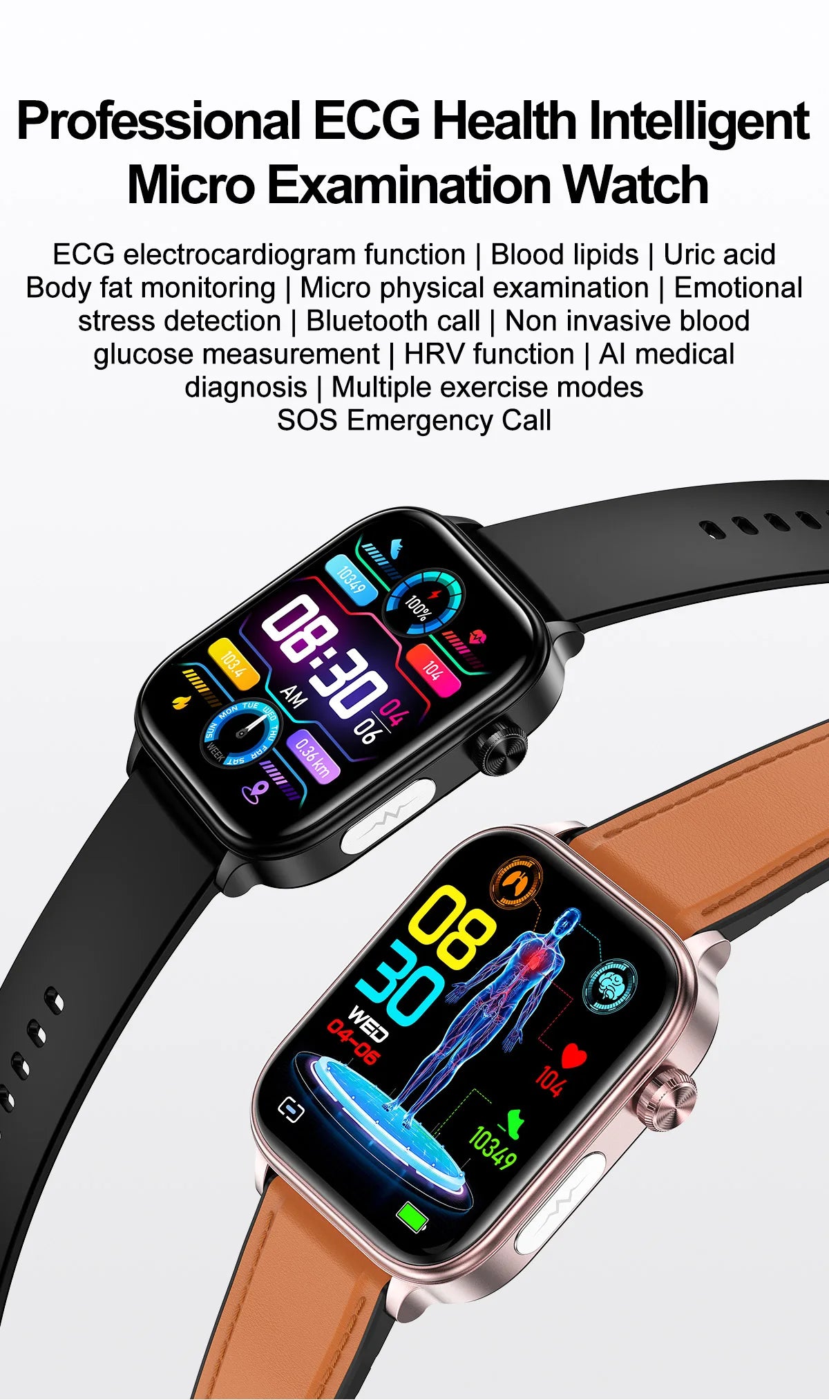 AI Health Smartwatch 2024: ECG+PPG, Medical Diagnosis, Uric Acid, Glucose, Lipids, Bluetooth Calls.