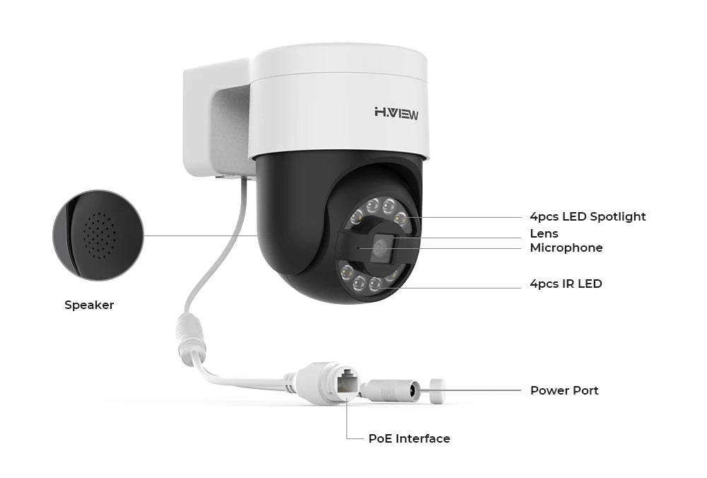 H.View 4K/8MP PoE IP Security Camera – PTZ, Two-Way Audio & Outdoor Surveillance