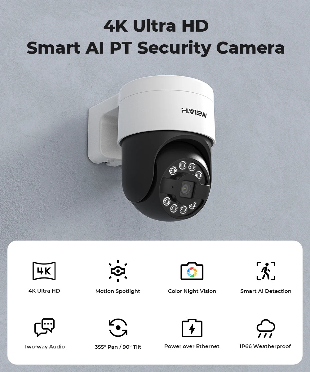 H.View 4K/8MP PoE IP Security Camera – PTZ, Two-Way Audio & Outdoor Surveillance