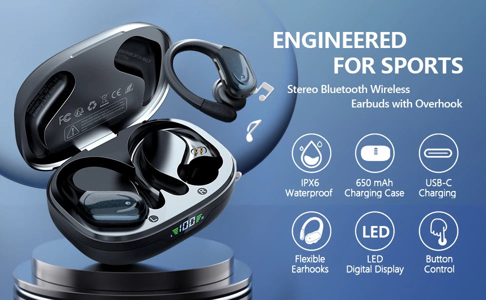 Bluetooth 5.3 Sports Earphones | True Wireless Earbuds with Noise Reduction, Earhook Design, Mic, Waterproof, and HiFi Sound