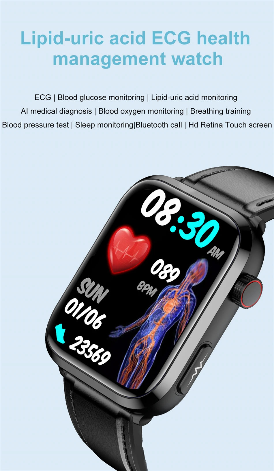 AI Health Smartwatch 2024: ECG+PPG, Medical Diagnosis, Uric Acid, Glucose, Lipids, Bluetooth Calls.