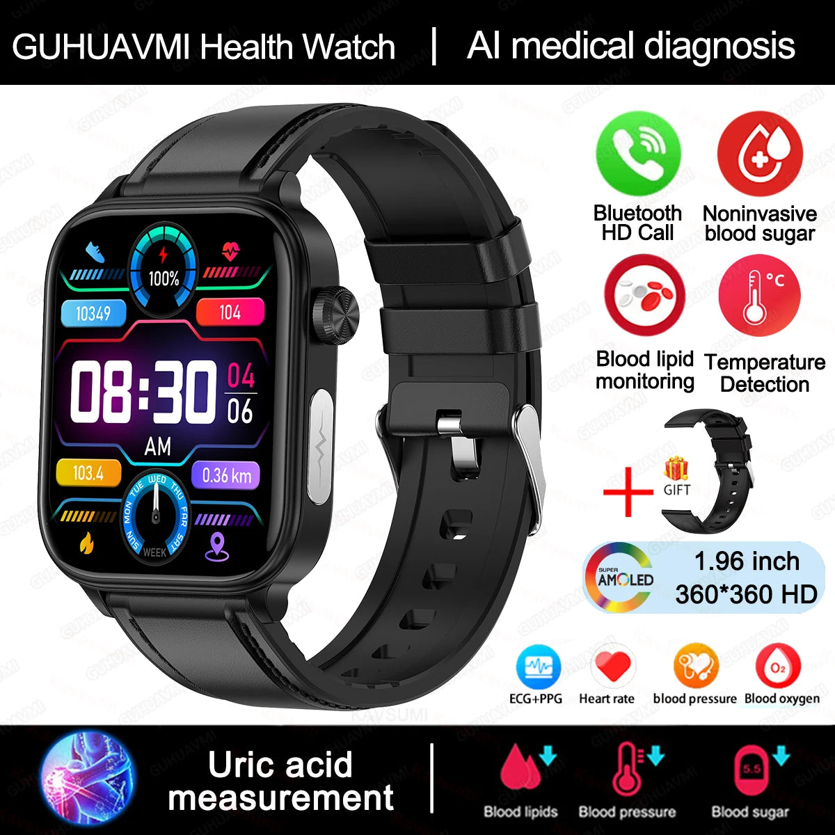 AI Health Smartwatch 2024: ECG+PPG, Medical Diagnosis, Uric Acid, Glucose, Lipids, Bluetooth Calls.