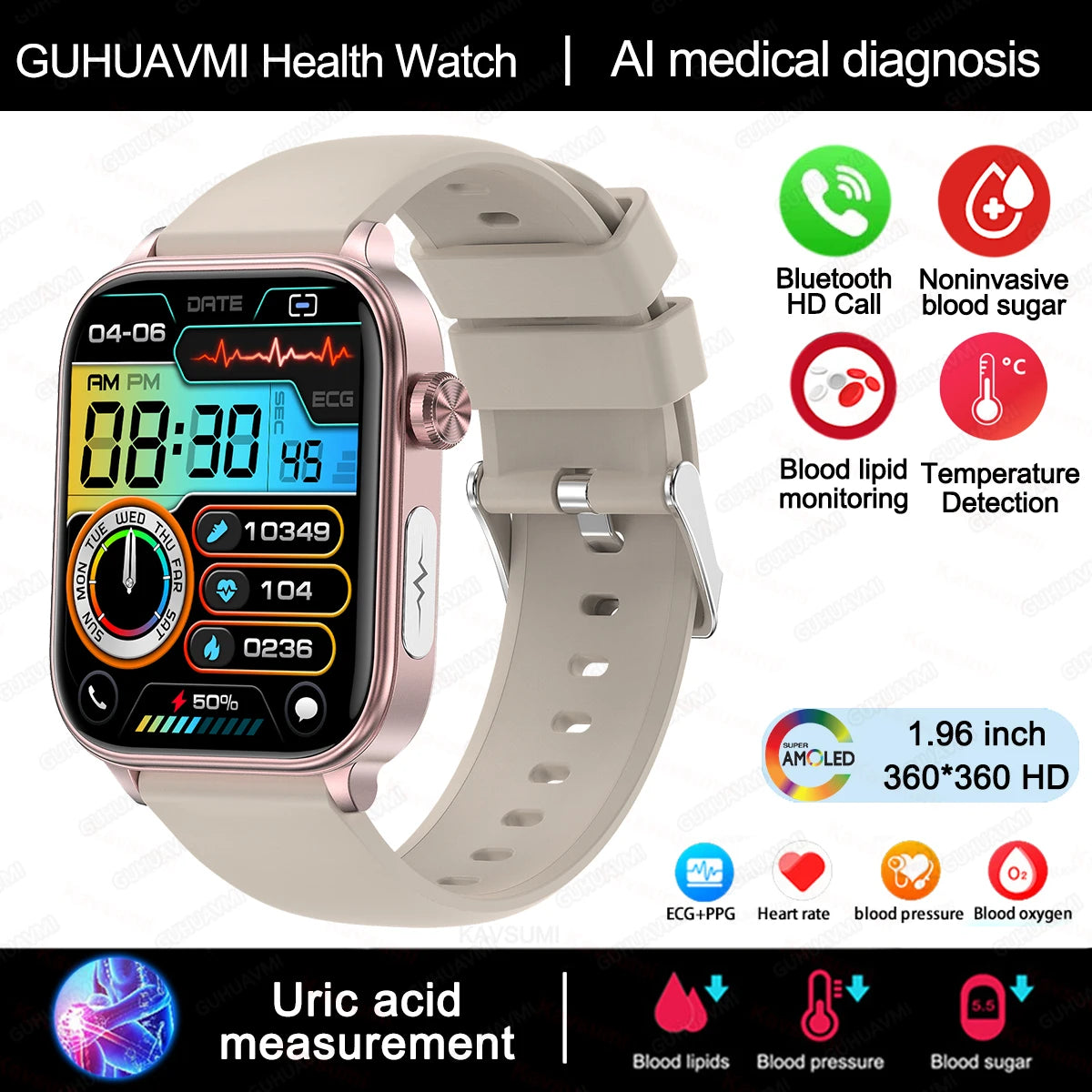 AI Health Smartwatch 2024: ECG+PPG, Medical Diagnosis, Uric Acid, Glucose, Lipids, Bluetooth Calls.