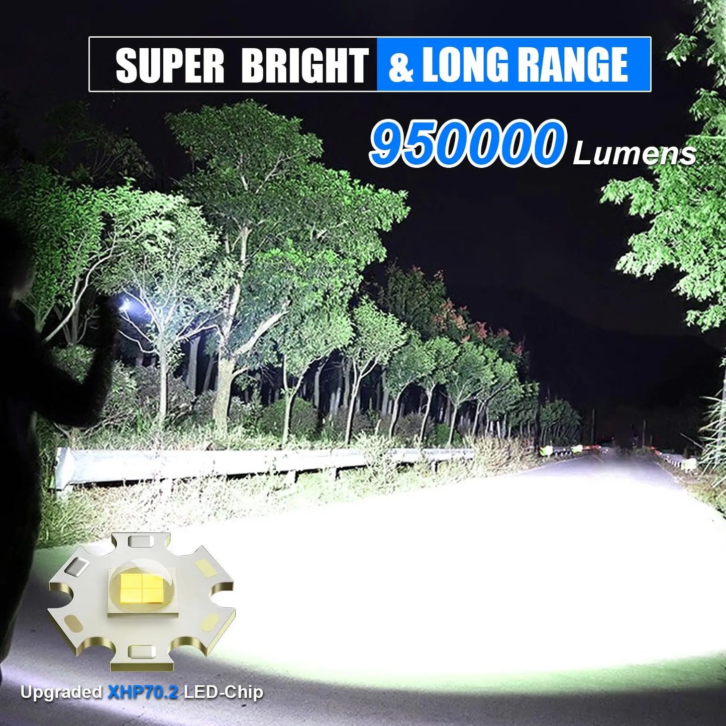 Super Bright 950,000 Lumen Rechargeable Torch – XHP70.2 LED, USB Powered