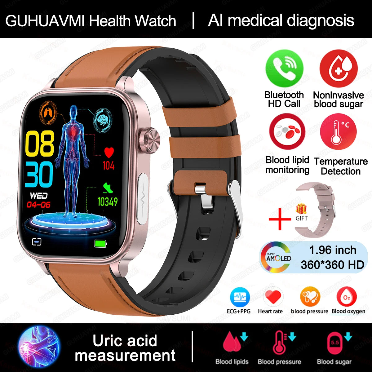 AI Health Smartwatch 2024: ECG+PPG, Medical Diagnosis, Uric Acid, Glucose, Lipids, Bluetooth Calls.