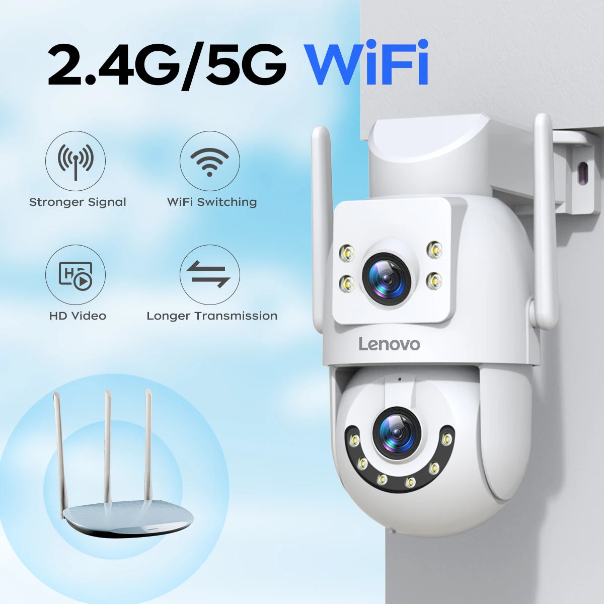 Lenovo 4K Dual Lens PTZ WiFi Surveillance Camera (5G, Auto Tracking, Audio/Video, ONVIF)