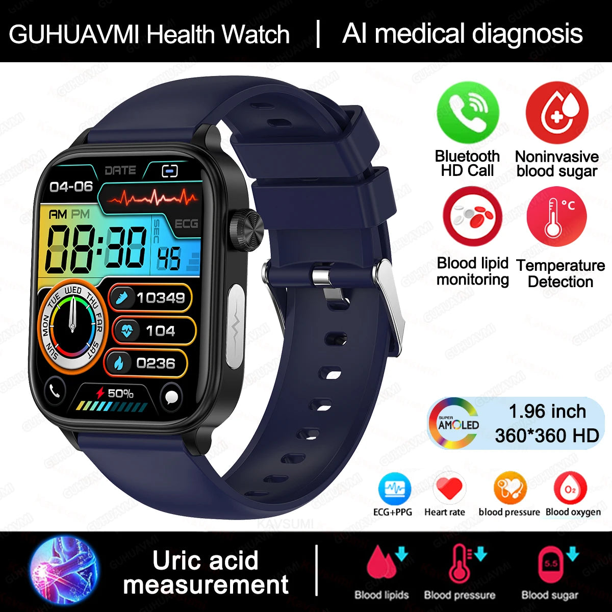 AI Health Smartwatch 2024: ECG+PPG, Medical Diagnosis, Uric Acid, Glucose, Lipids, Bluetooth Calls.