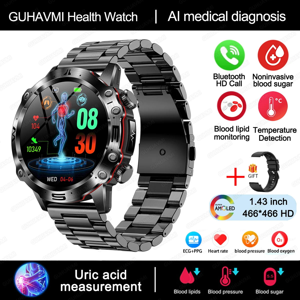 Smartwatch Health: ECG+PPG, Uric Acid, Glucose, Lipids Monitoring, Sports & Bluetooth Calls.