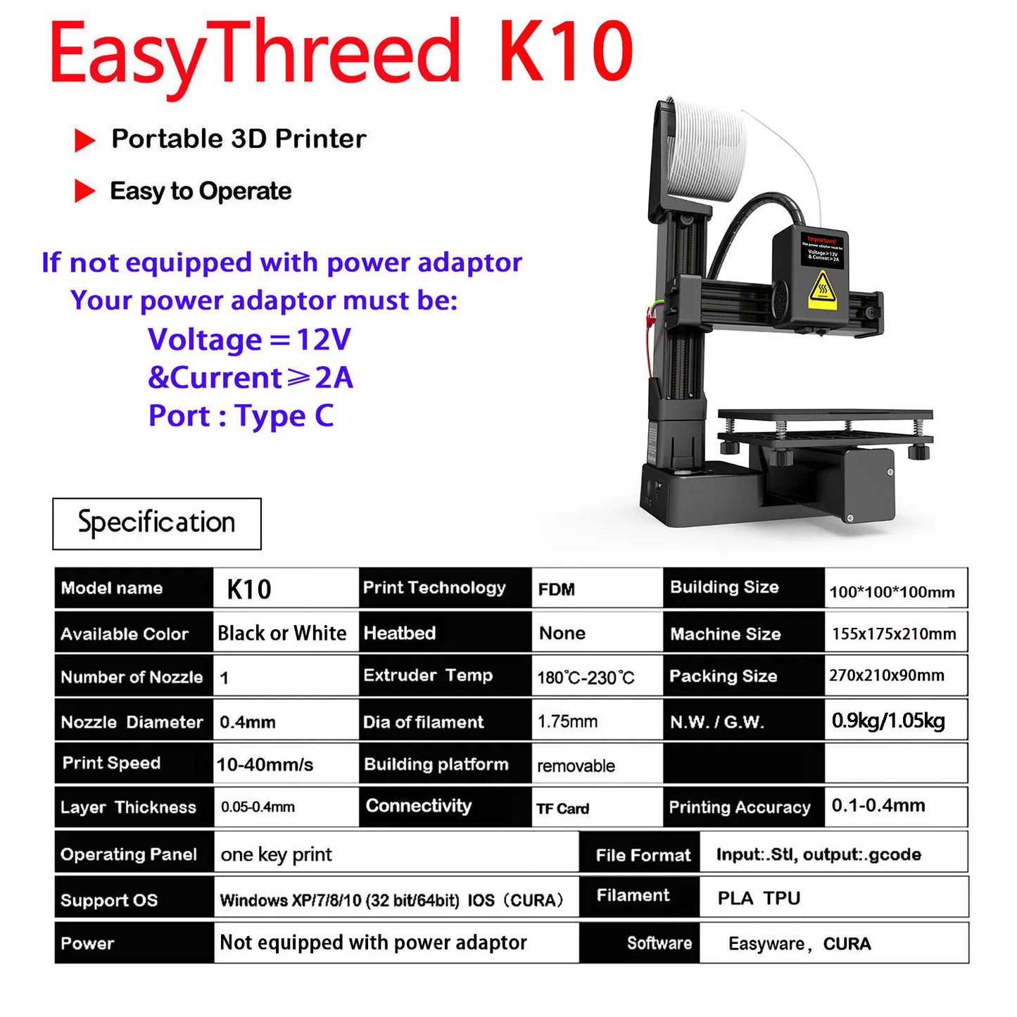 EasyThreed Entry-Level 3D Printer – Compact, PLA/TPU Compatible, Includes Power Adapter