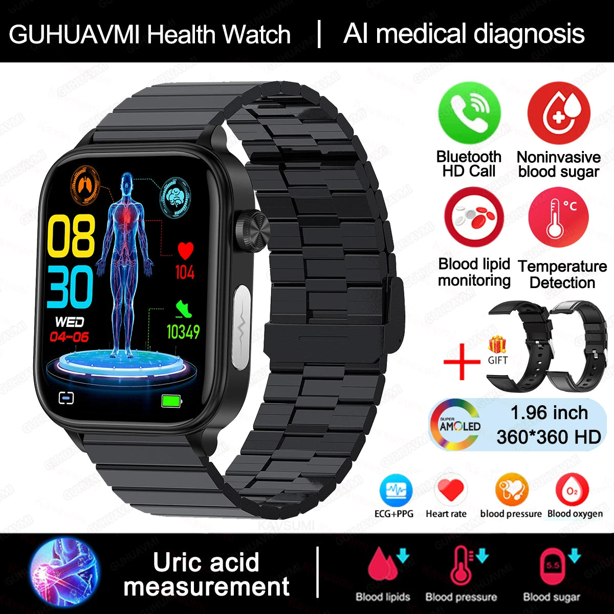 AI Health Smartwatch 2024: ECG+PPG, Medical Diagnosis, Uric Acid, Glucose, Lipids, Bluetooth Calls.