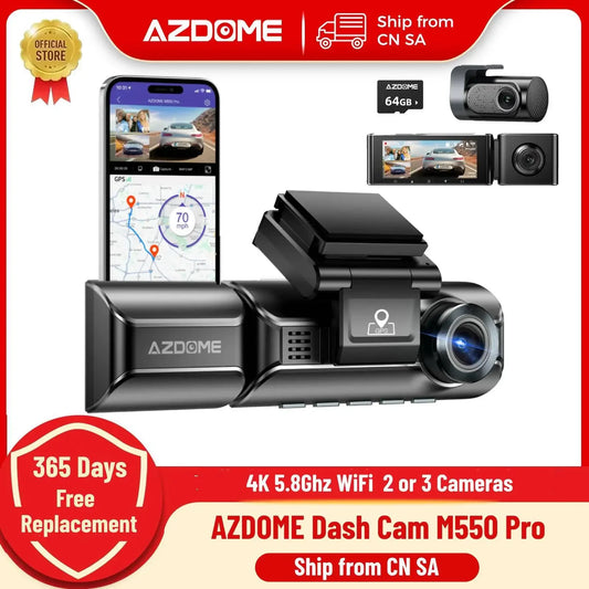 AZDOME M550 Pro Dash Cam – 4K UHD Car DVR with 5.8GHz Wi-Fi, GPS, Night Vision, 2/3 Channel Front, Cabin & Rear Cameras, Parking Monitor