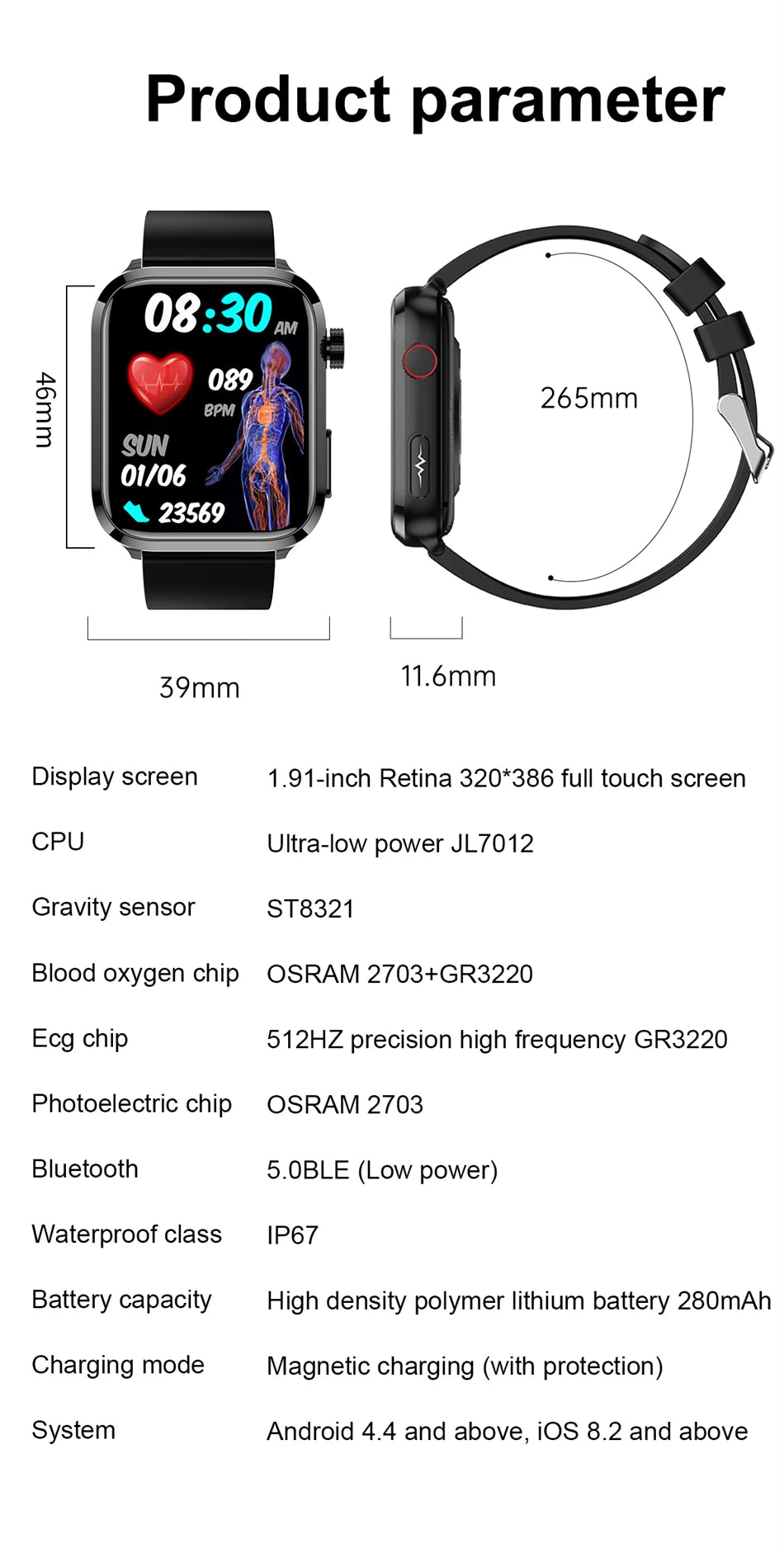 AI Health Smartwatch 2024: ECG+PPG, Medical Diagnosis, Uric Acid, Glucose, Lipids, Bluetooth Calls.