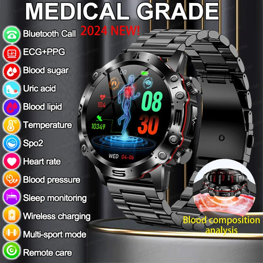 Smartwatch Health: ECG+PPG, Uric Acid, Glucose, Lipids Monitoring, Sports & Bluetooth Calls.