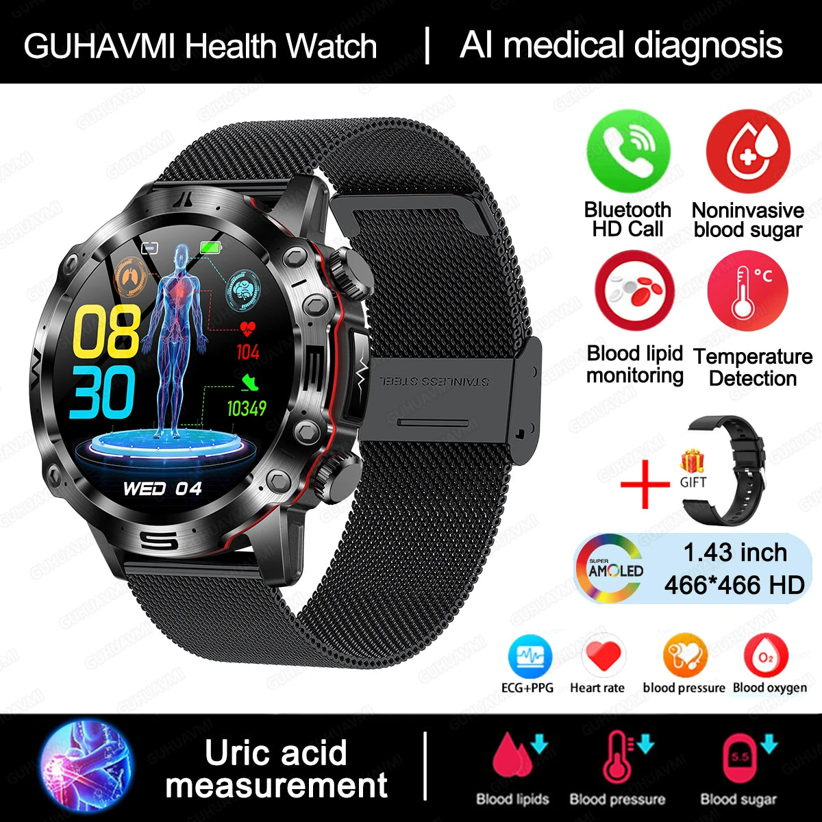 Smartwatch Health: ECG+PPG, Uric Acid, Glucose, Lipids Monitoring, Sports & Bluetooth Calls.