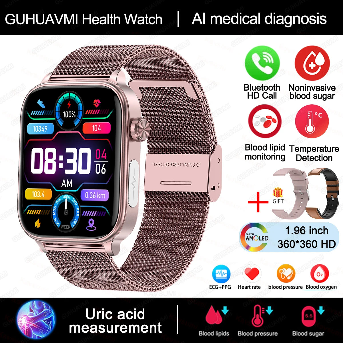 AI Health Smartwatch 2024: ECG+PPG, Medical Diagnosis, Uric Acid, Glucose, Lipids, Bluetooth Calls.