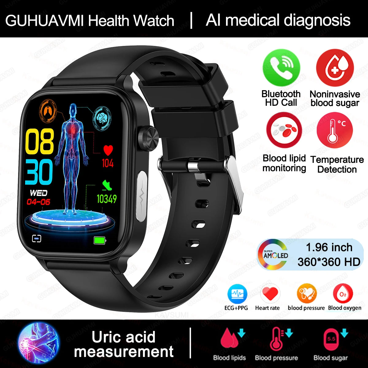 AI Health Smartwatch 2024: ECG+PPG, Medical Diagnosis, Uric Acid, Glucose, Lipids, Bluetooth Calls.